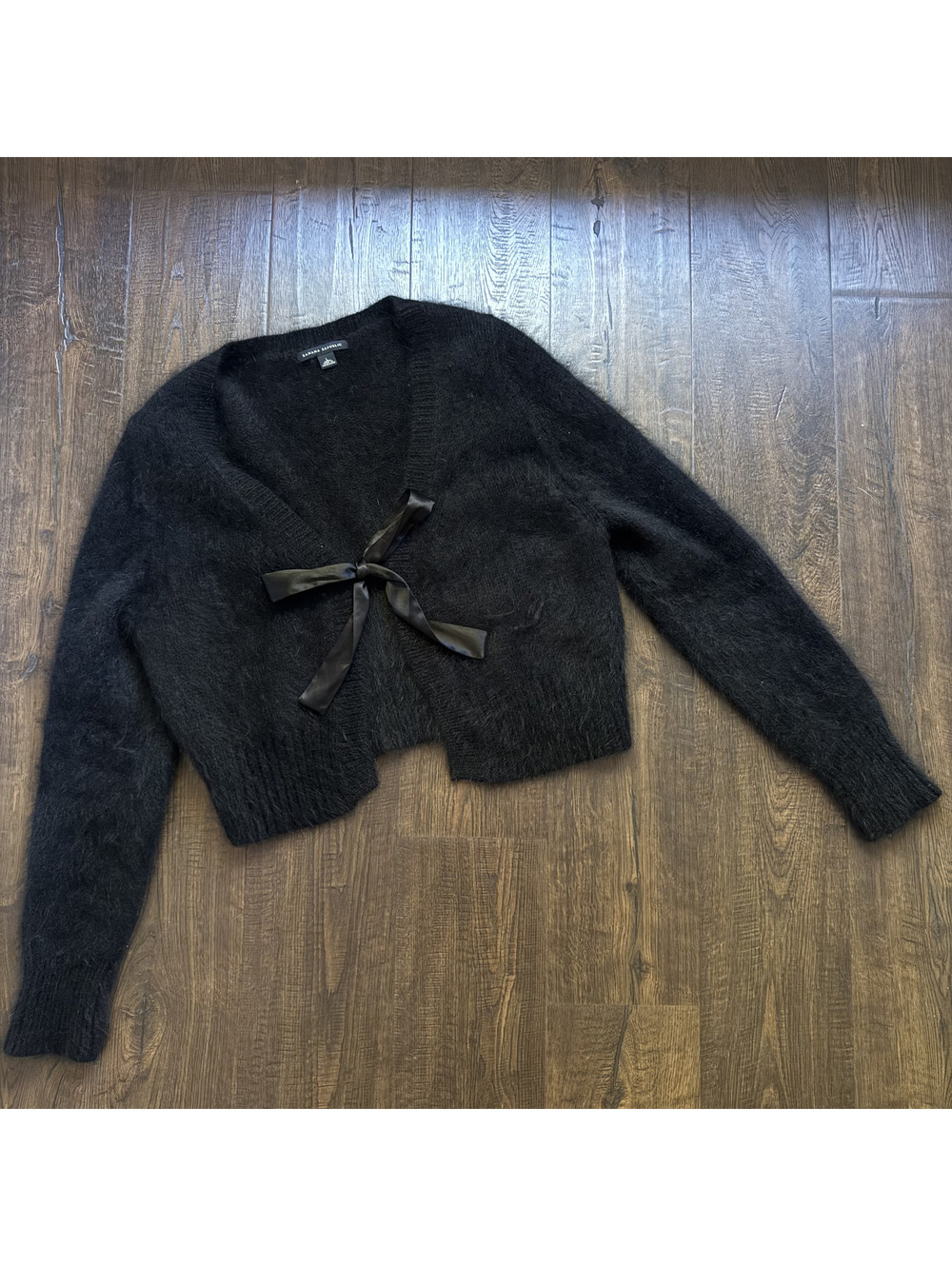 Vintage Y2K Banana Republic Angora Cardigan Black Satin Bow Tie Sweater L